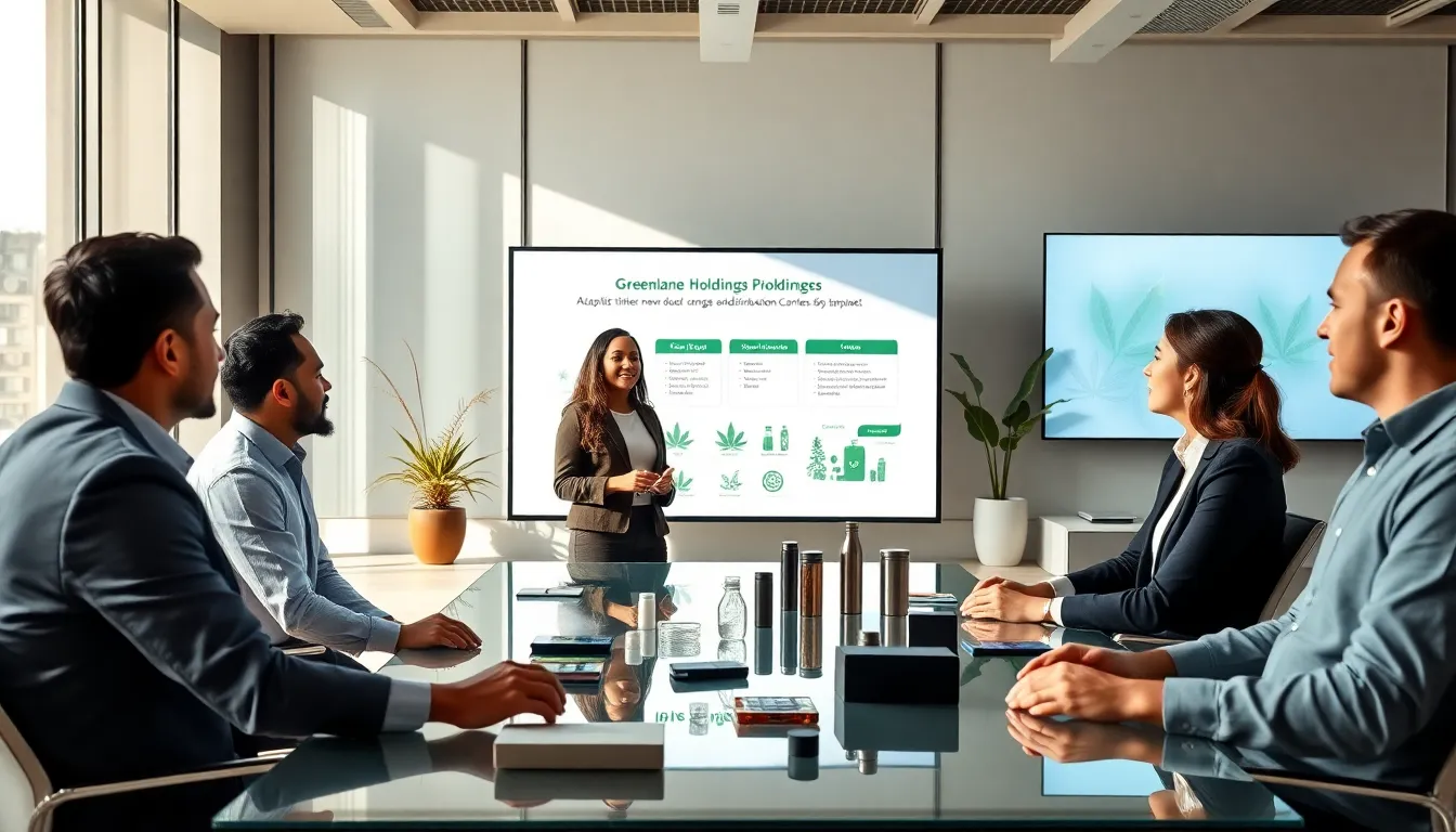 diverse team in a modern office discussing Greenlane Holdings' expansion plans.