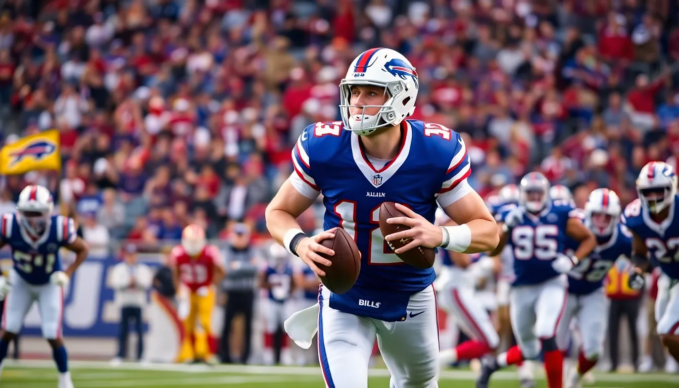 Josh Allen making a play during an NFL game with cheering fans in the background.