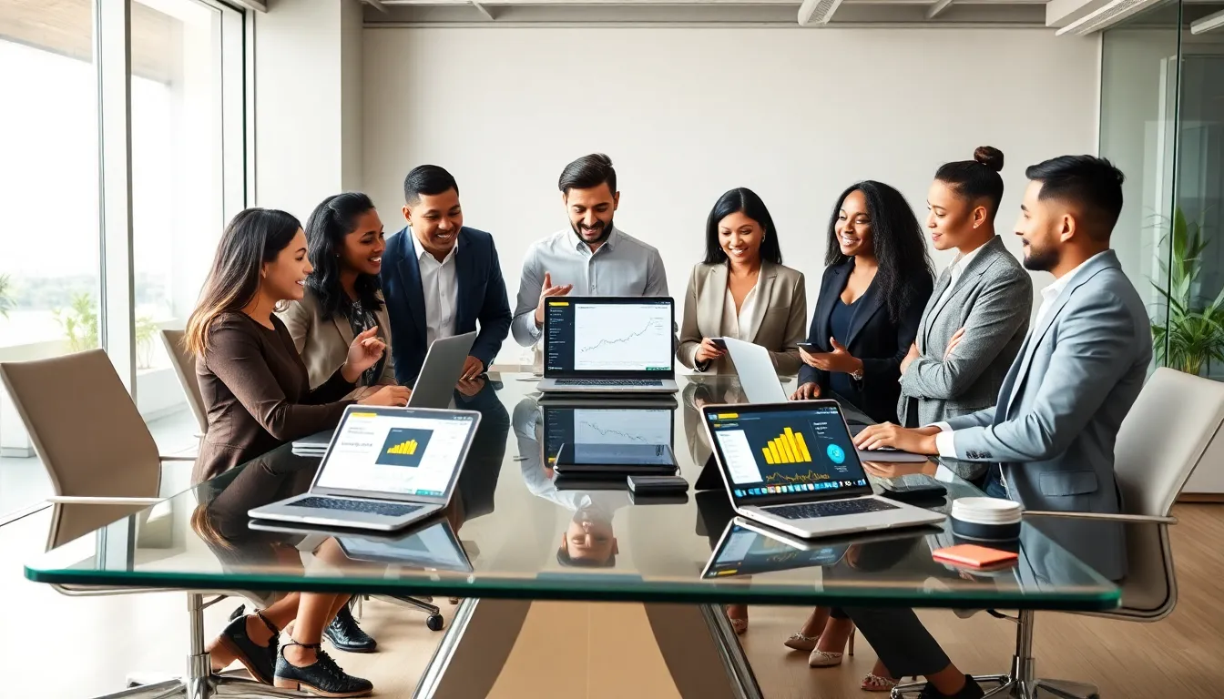 diverse team discussing Western Union's service innovations in a modern office.