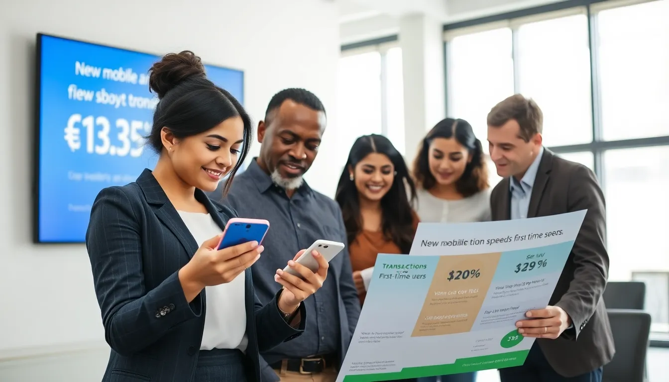 professionals discussing a money transfer app in a modern office setting.