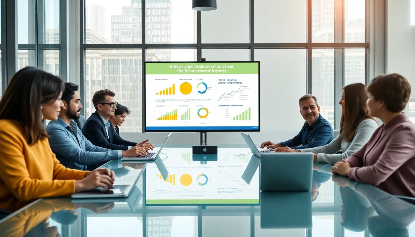 professionals discussing nuclear energy advancements in a modern office.